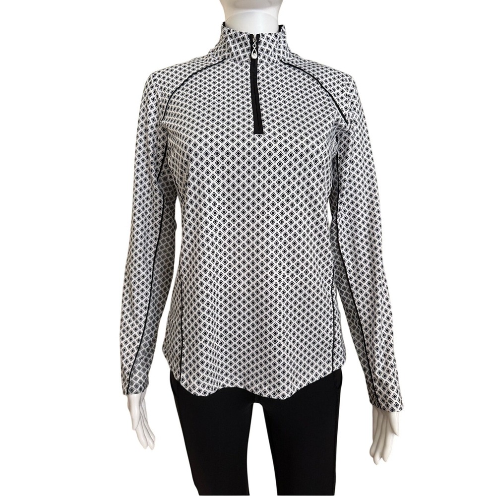 SanSoleil Black White Geometric Long Sleeve Top Zip Performance UPF 50 Top Small